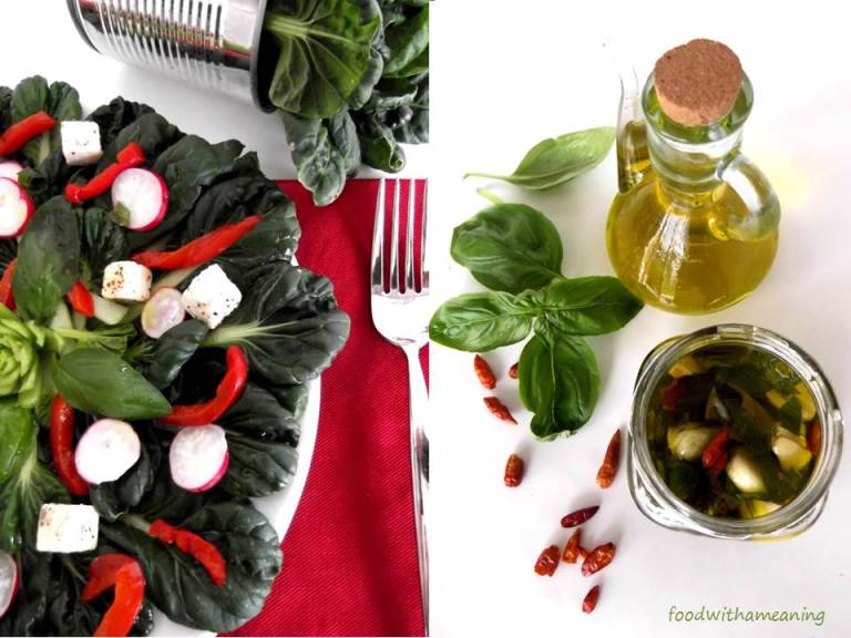 Salada de micro-couve tat soi. pimentos, rabanetes e queijo