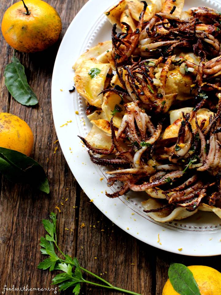 lulas grelhadas com molho de azeite e  mandarina