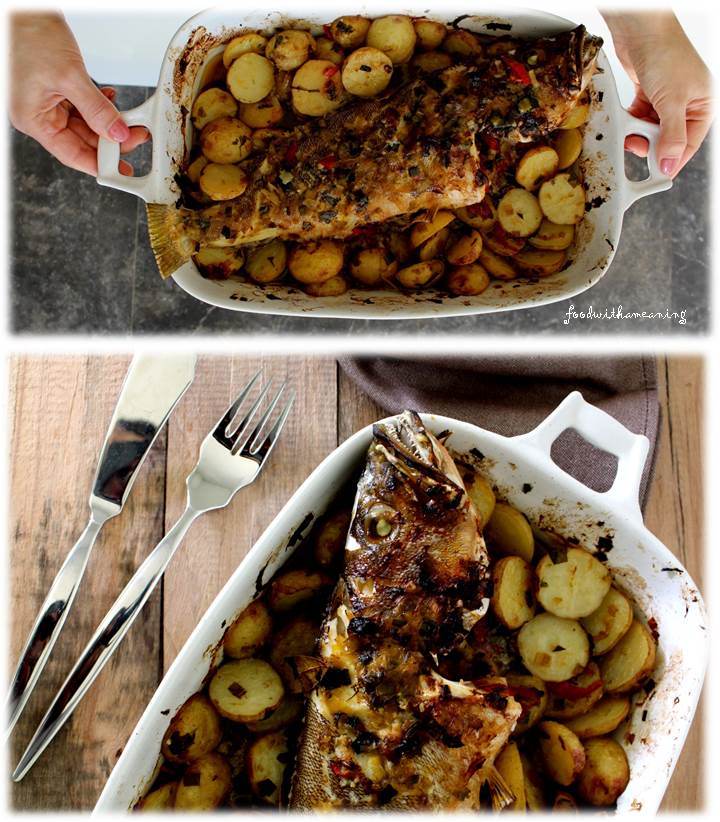 garoupa assada com batata nova e alho francês