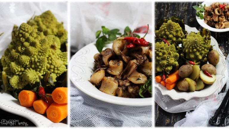 lulas na frigideira com romanesco e batata cozida