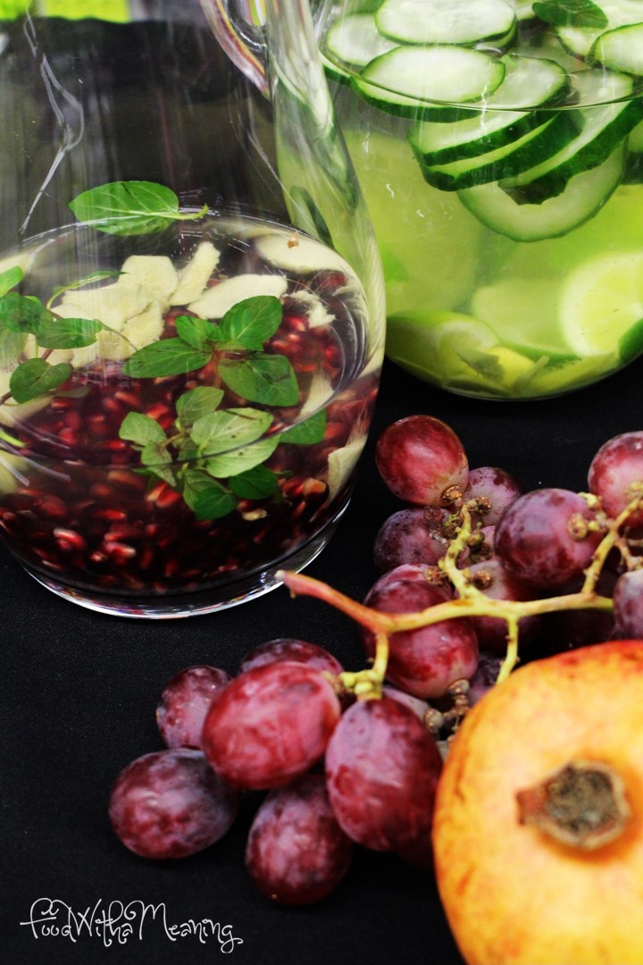 Água de Pepino, Gengibre e Lima Juntar a água mineral, ou a água gaseificada, rodelas finas de pepino com casca, raiz de gengibre descascada e rodelas de lima. Água efervescente de Limão e Hortelã Juntar a Água com gás, ou água tónica, rodelas de limão e folhas de hortelã Água de Romã e Gengibre Juntar a água mineral, ou a água gaseificada, bagos de romã e rodelas de gengibre descascado.