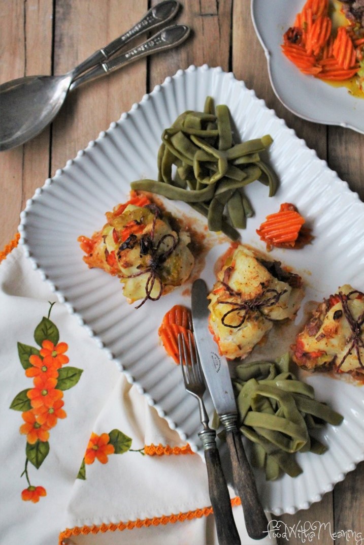 trouxas de veja com linguiça e alho francês